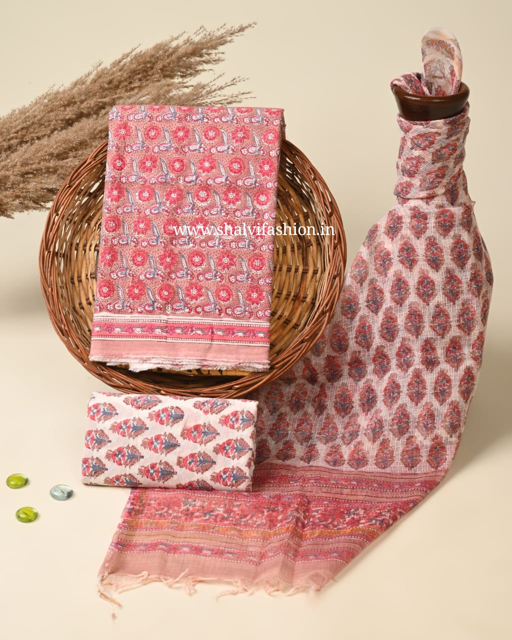 Shop block printed cotton suits with kota doria dupatta (3CKD752)