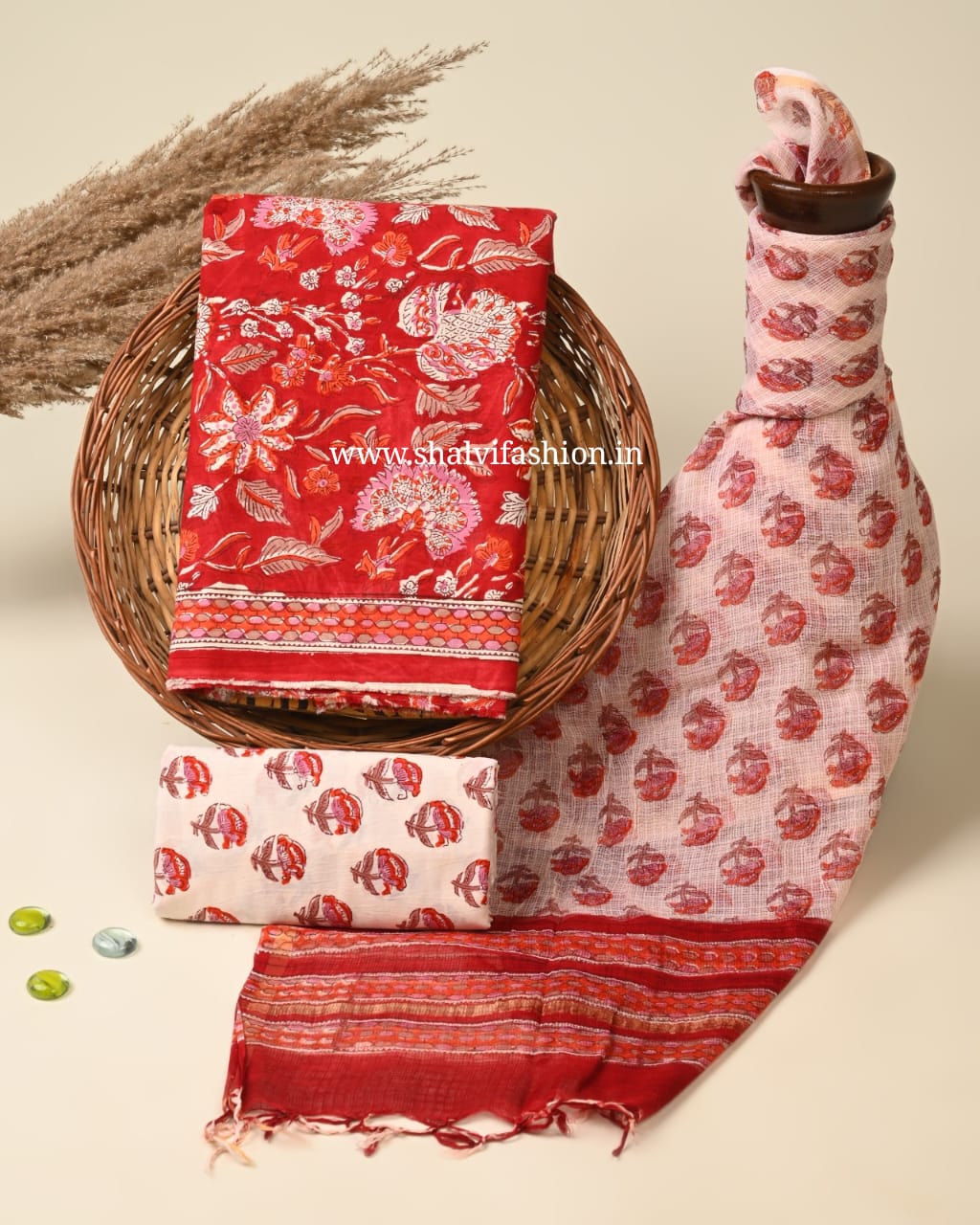 Shop unstitched block printed cotton suits with kota doria dupatta (3CKD753)