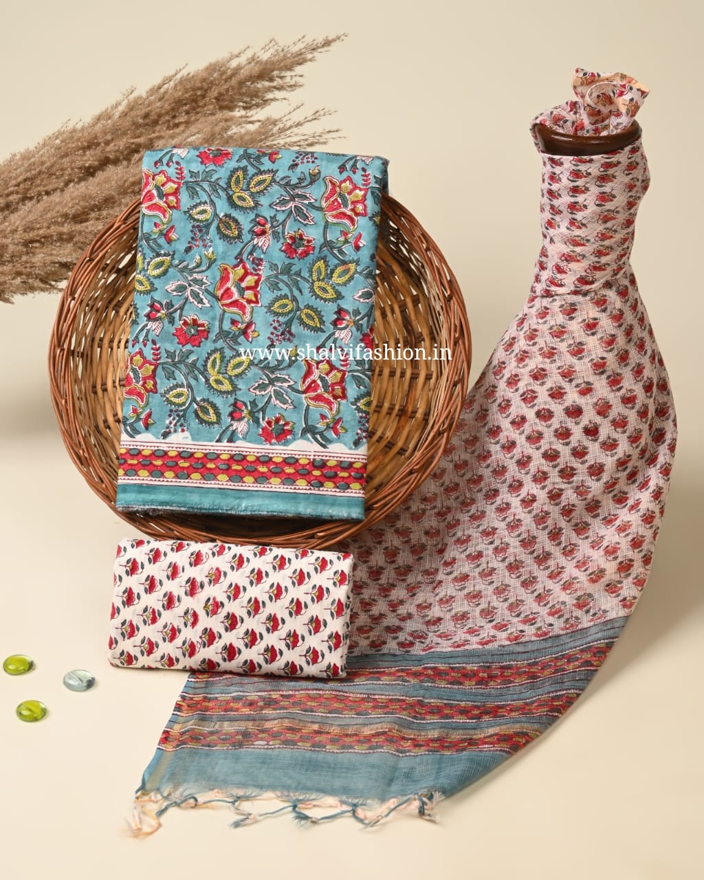 Shop jaipuri block print cotton suits with kota doria dupatta (3CKD754)