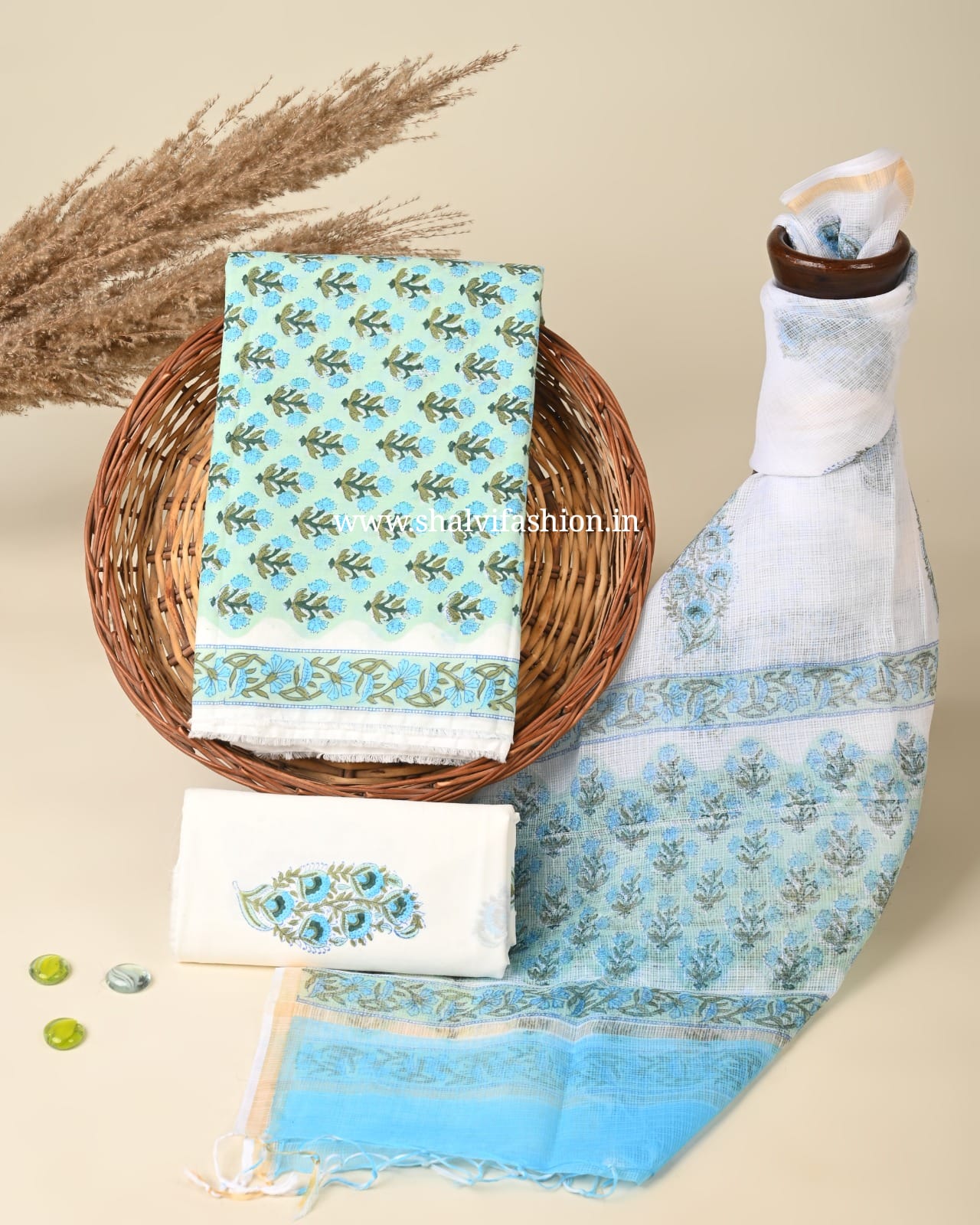 Shop sanganeri print cotton suits with kota doria dupatta (3CKD762)