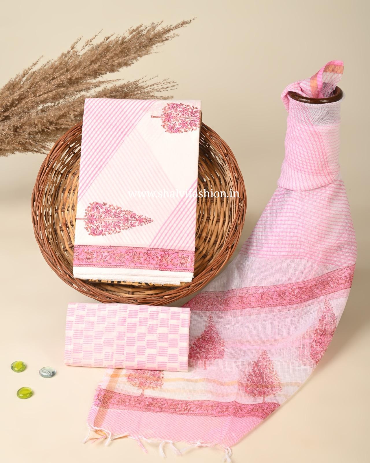 Shop unstitched block print cotton suits with doria dupatta (3CKD765)