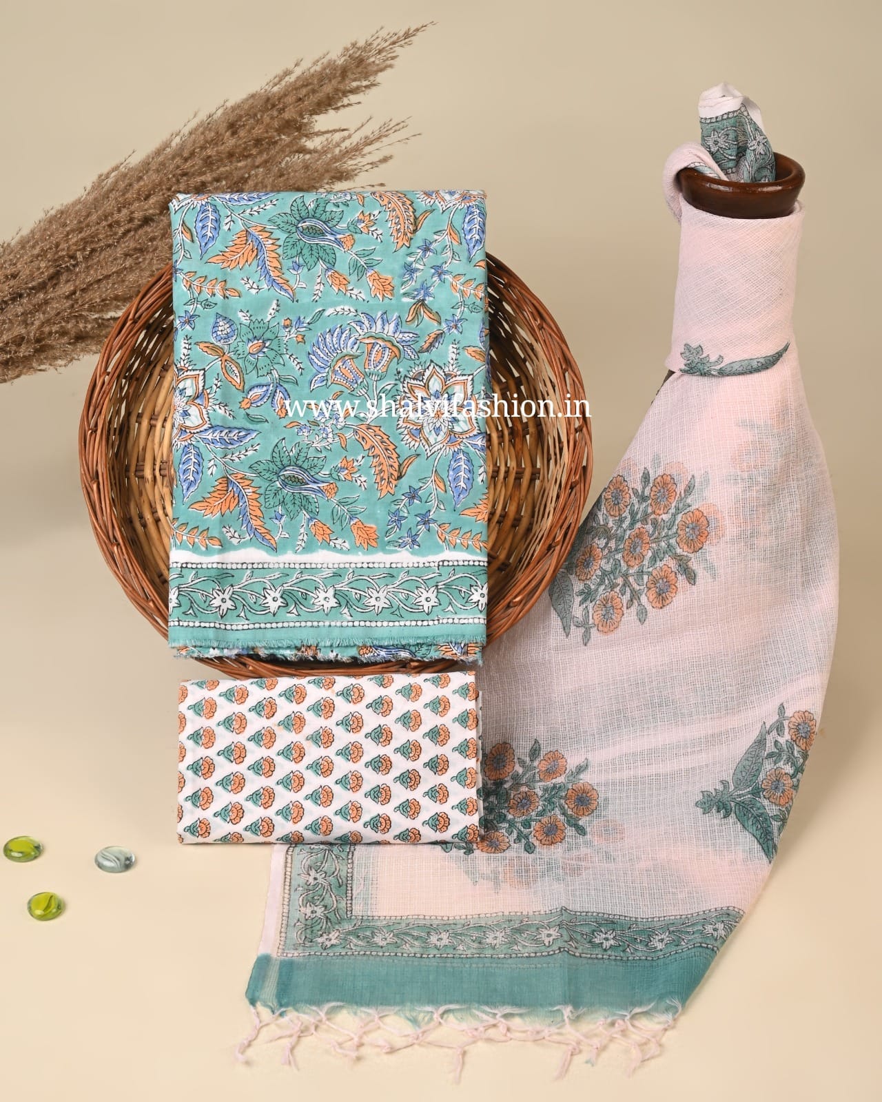 Shop block print cotton suits with kota dupatta (3CKD852)