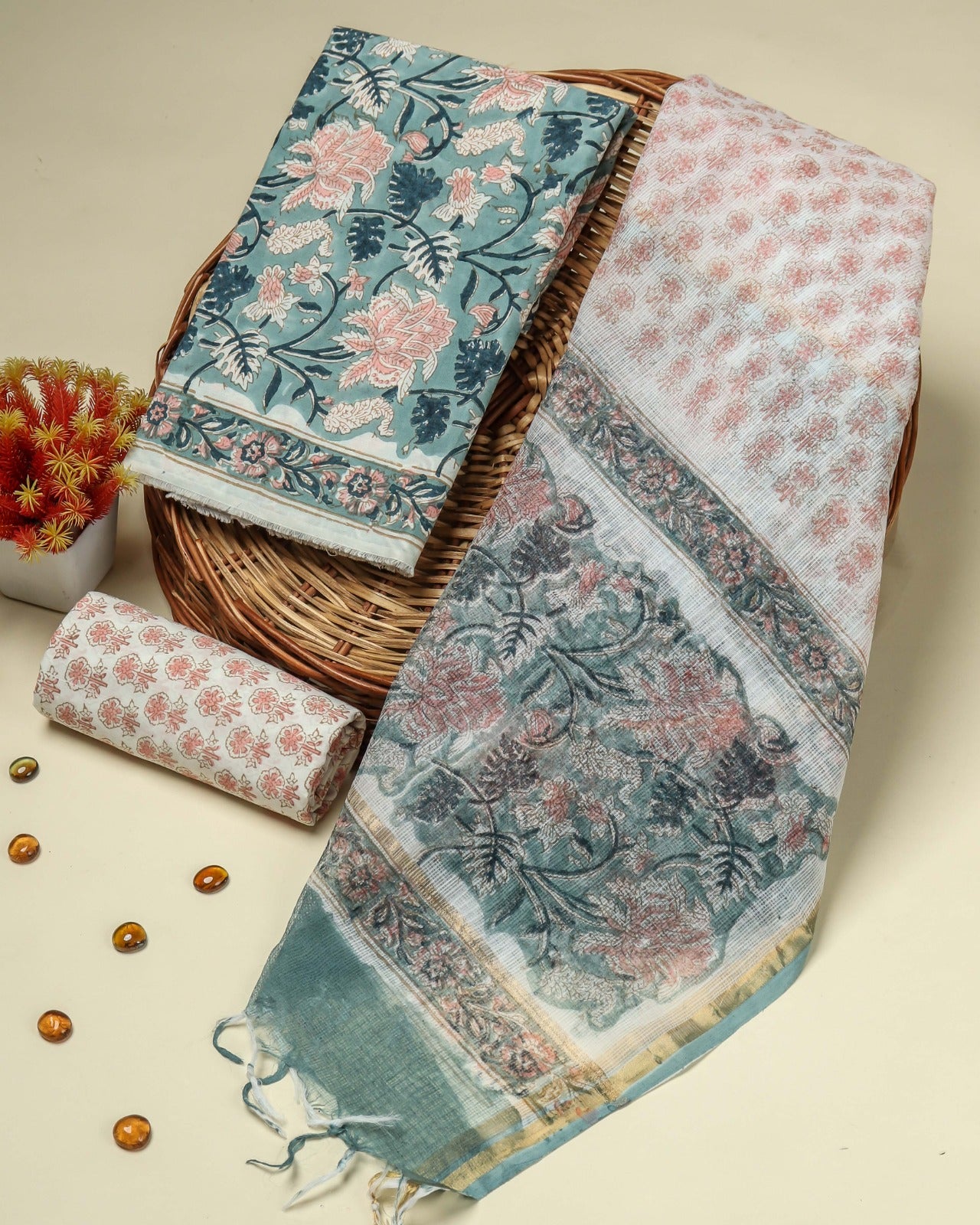 Shop unstitched hand block print cotton suits with kota dupatta (3CKD97)