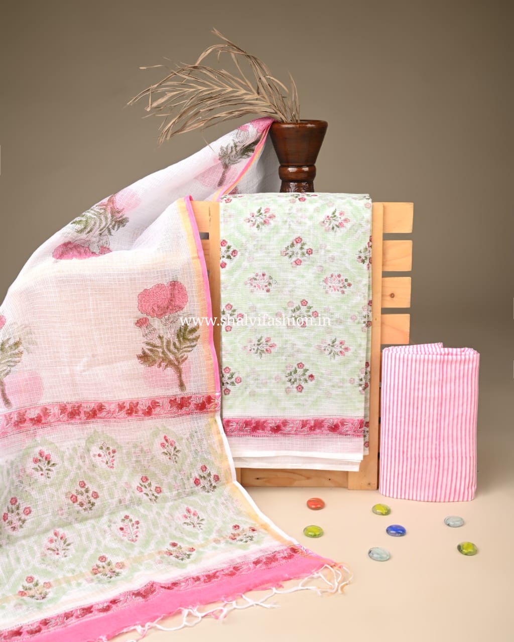 Unstitched Hand Block Print Kota Doria Suit Set (3KD269)