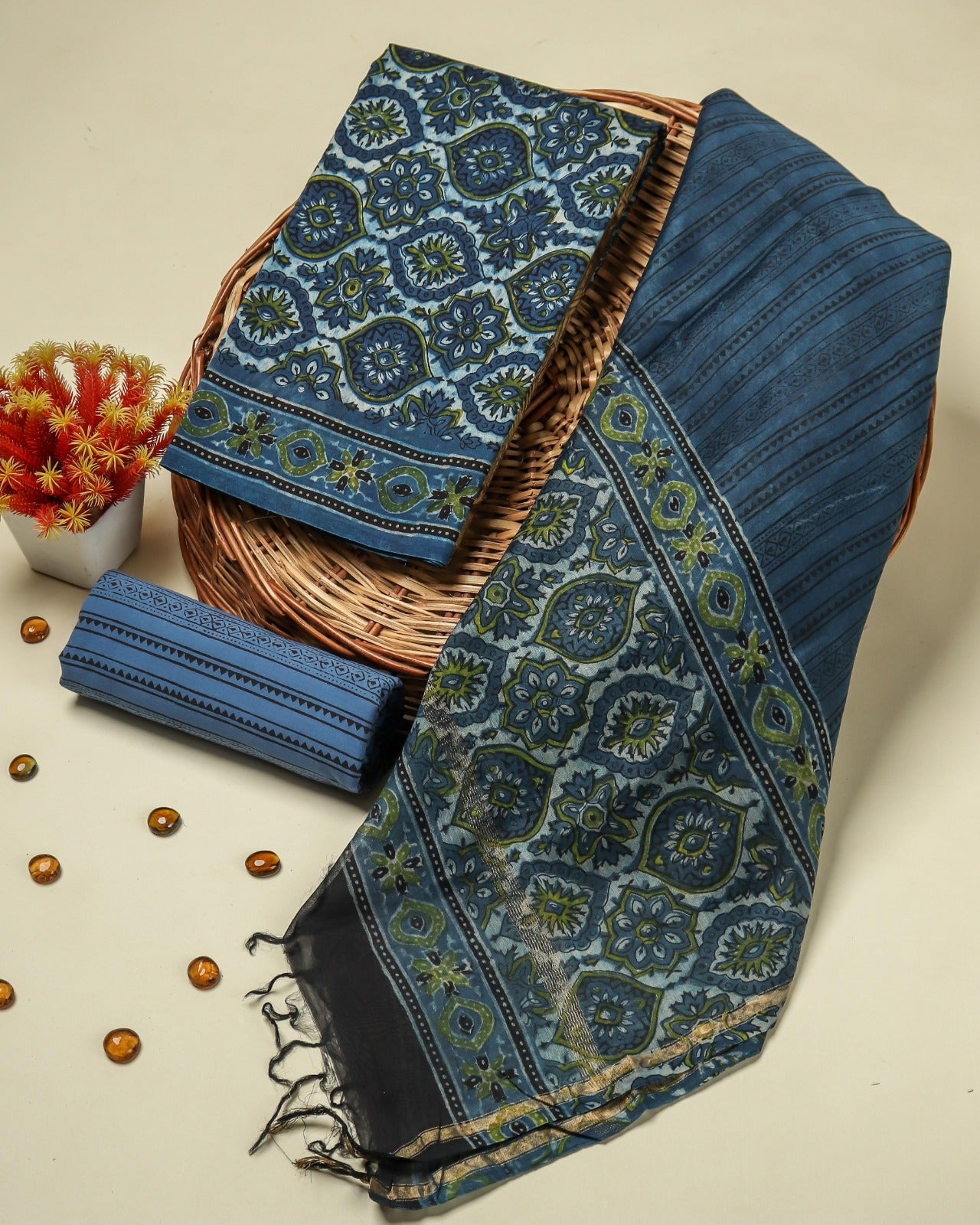 Shop unstitched ajrak print chanderi silk suits online (CHA140)
