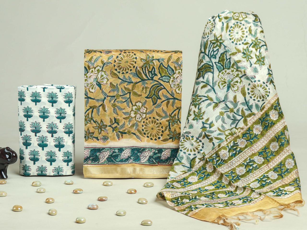 Shop block printed chanderi silk suits online (CHA224)