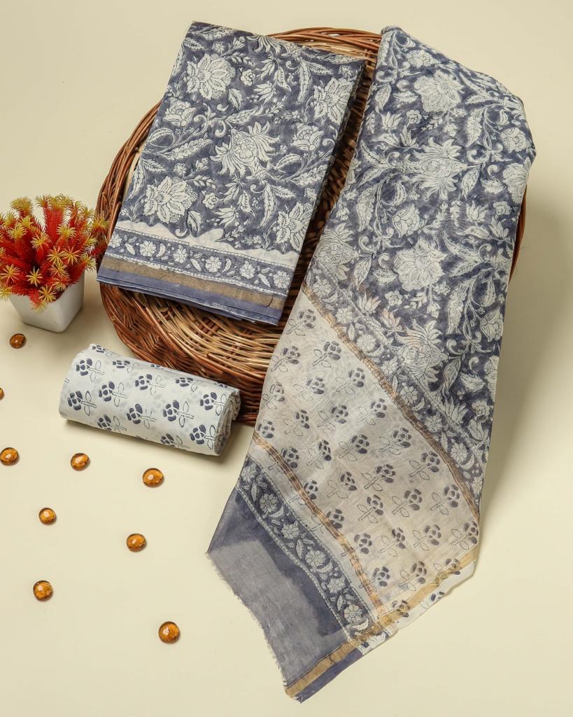 Shop unstitched blue jaal print chanderi silk suits (CHA353)