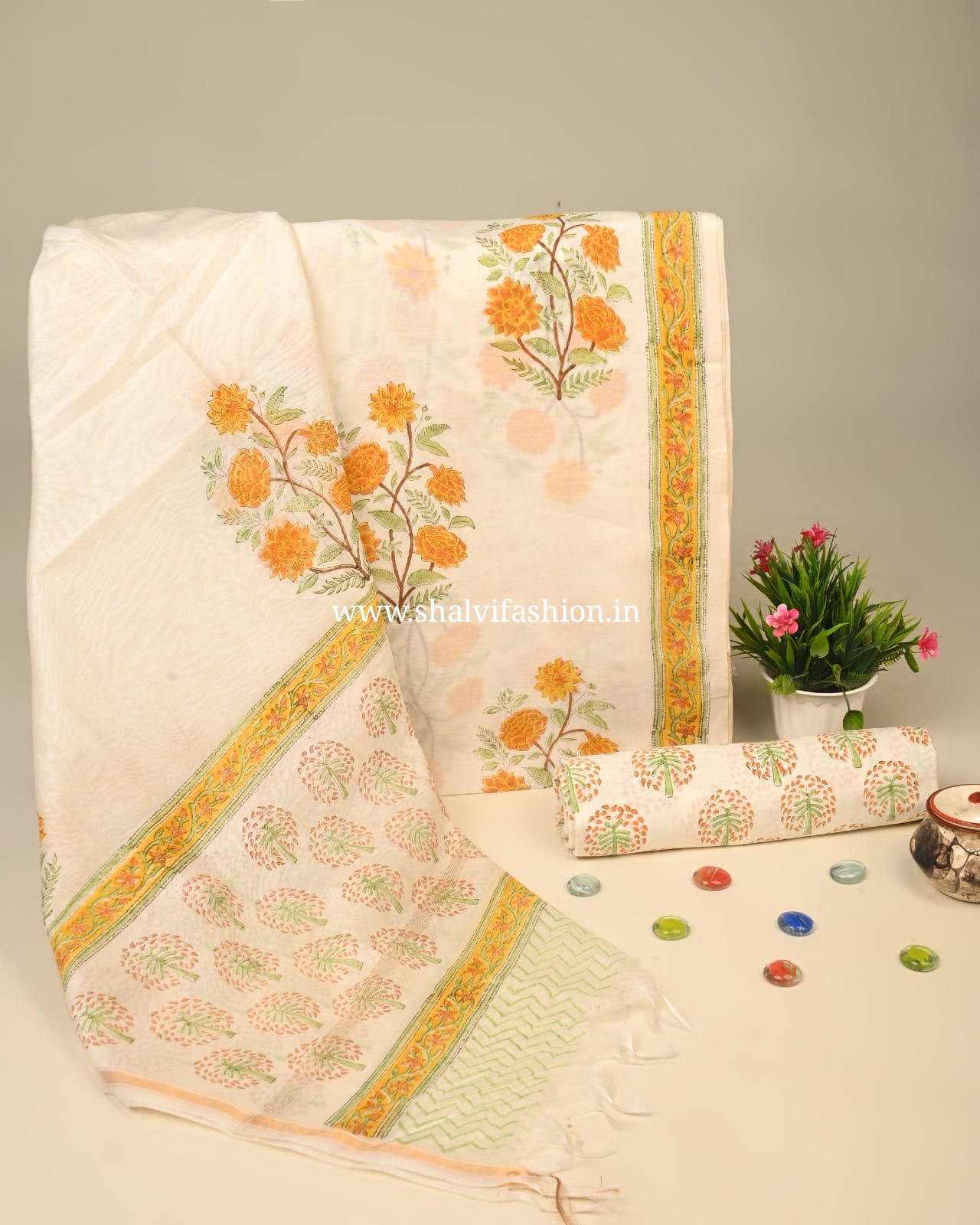 Shop mughal print chanderi silk suits online (CHA915)