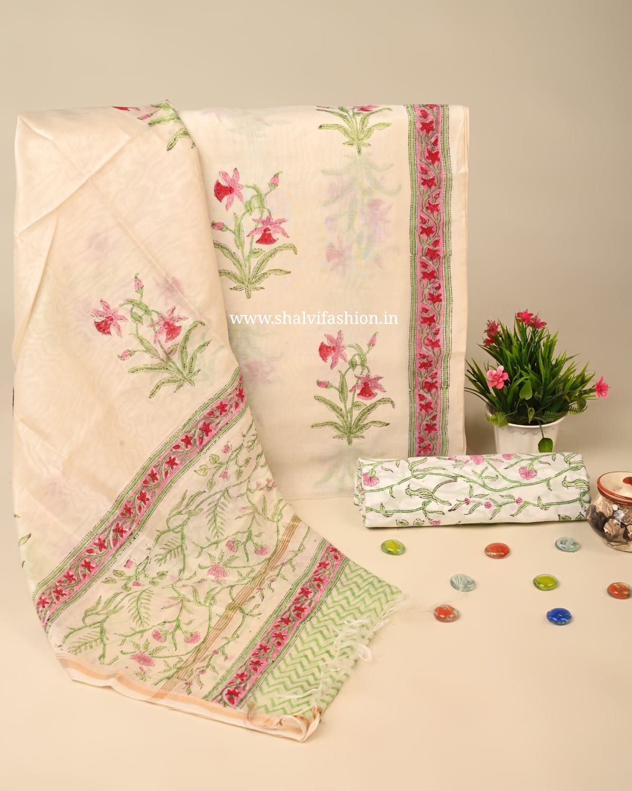 Shop block print chandei silk suits online (CHA940)