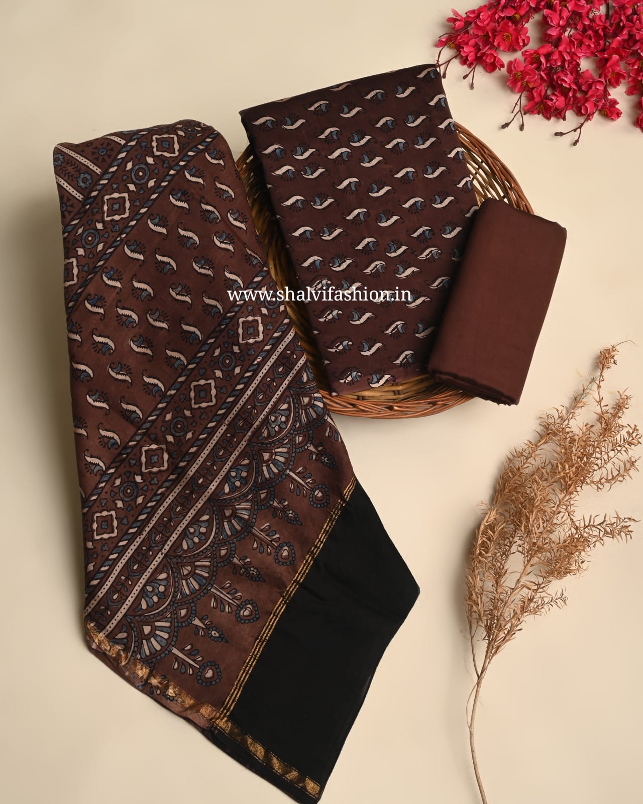 Shop jaipuri ajrak print chanderi silk suits online (CHA984)