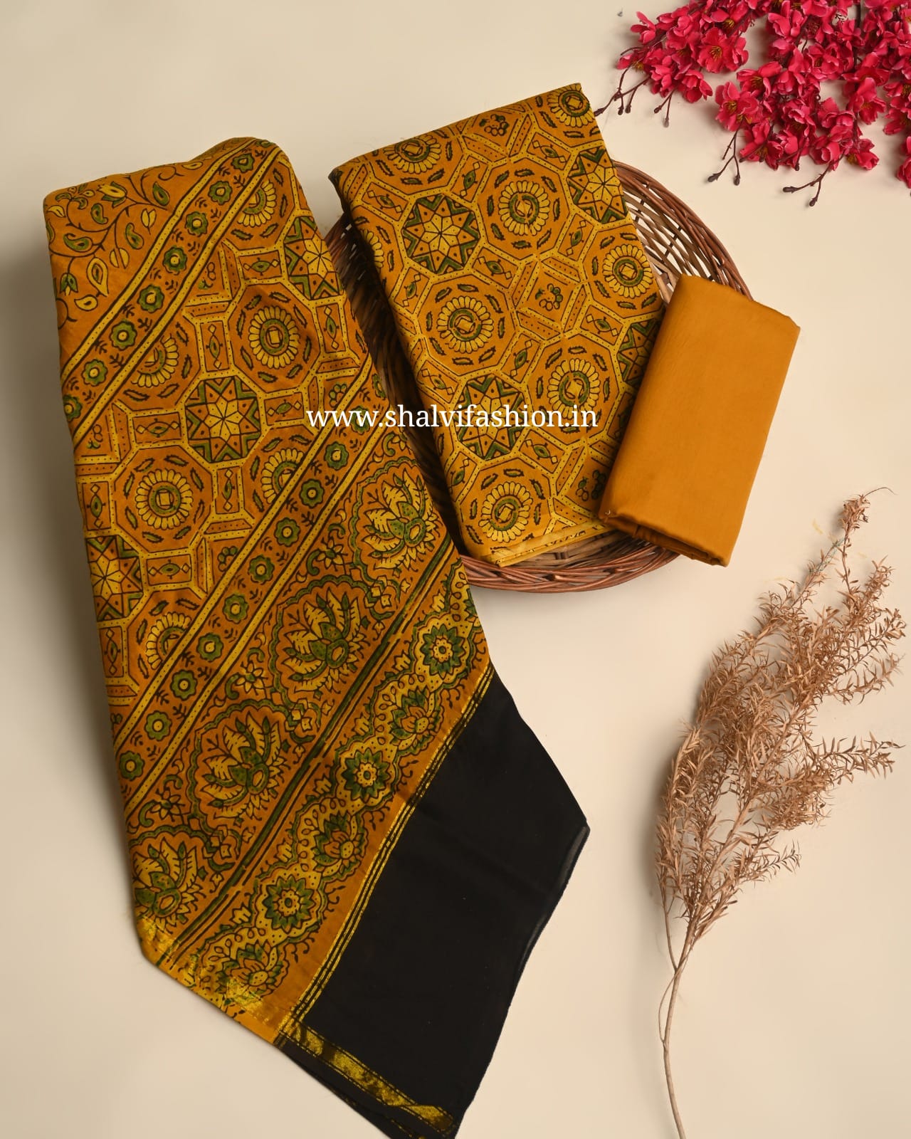 Shop sanganeri ajrak print chanderi silk suits online (CHA989)