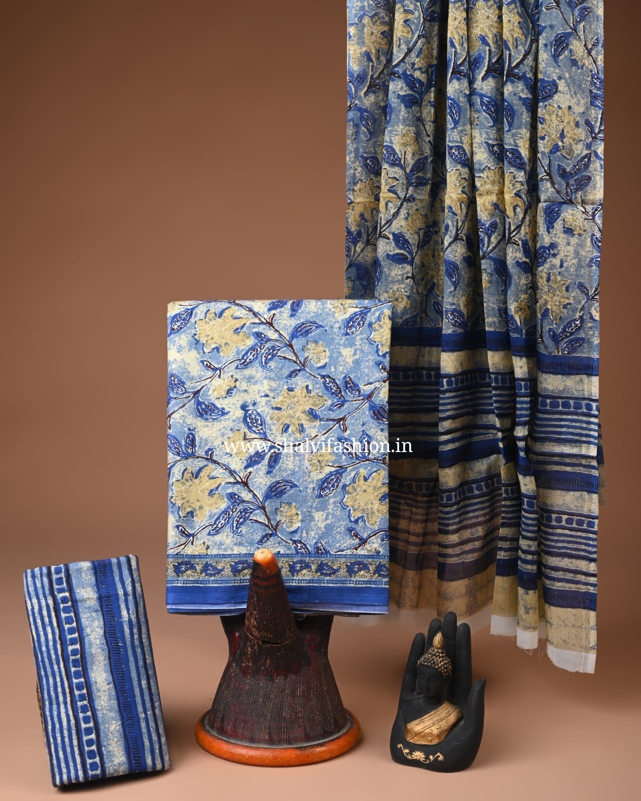 Shop hand screen print cotton suit sets with mulmul dupatta (COT102)