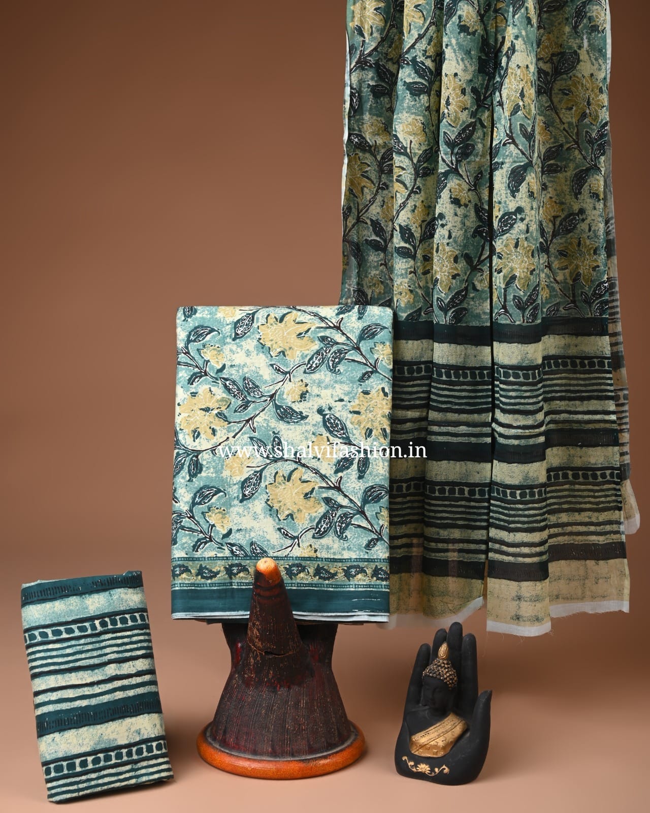 Shop screen print cotton suits with mulmul dupatta online (COT103)