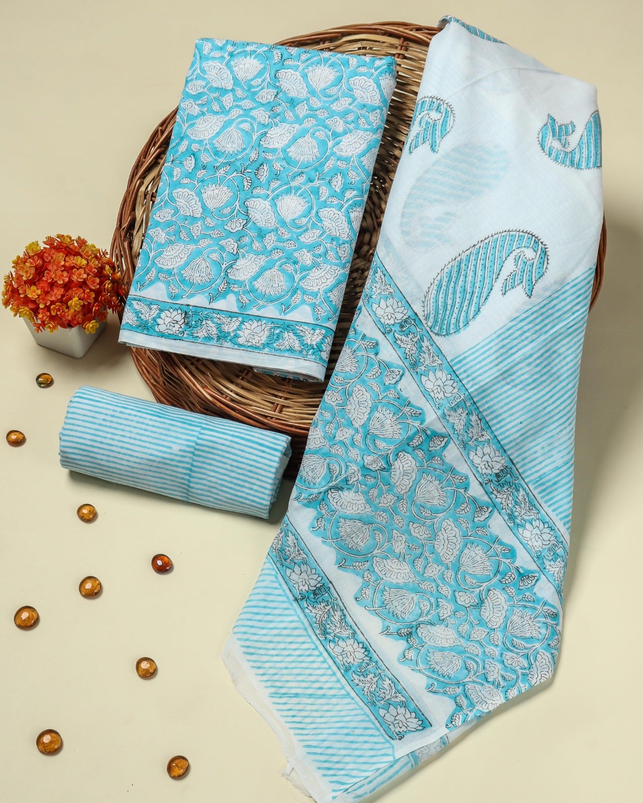 Shop unstitched block print cotton suits with mulmul dupatta (COT59)