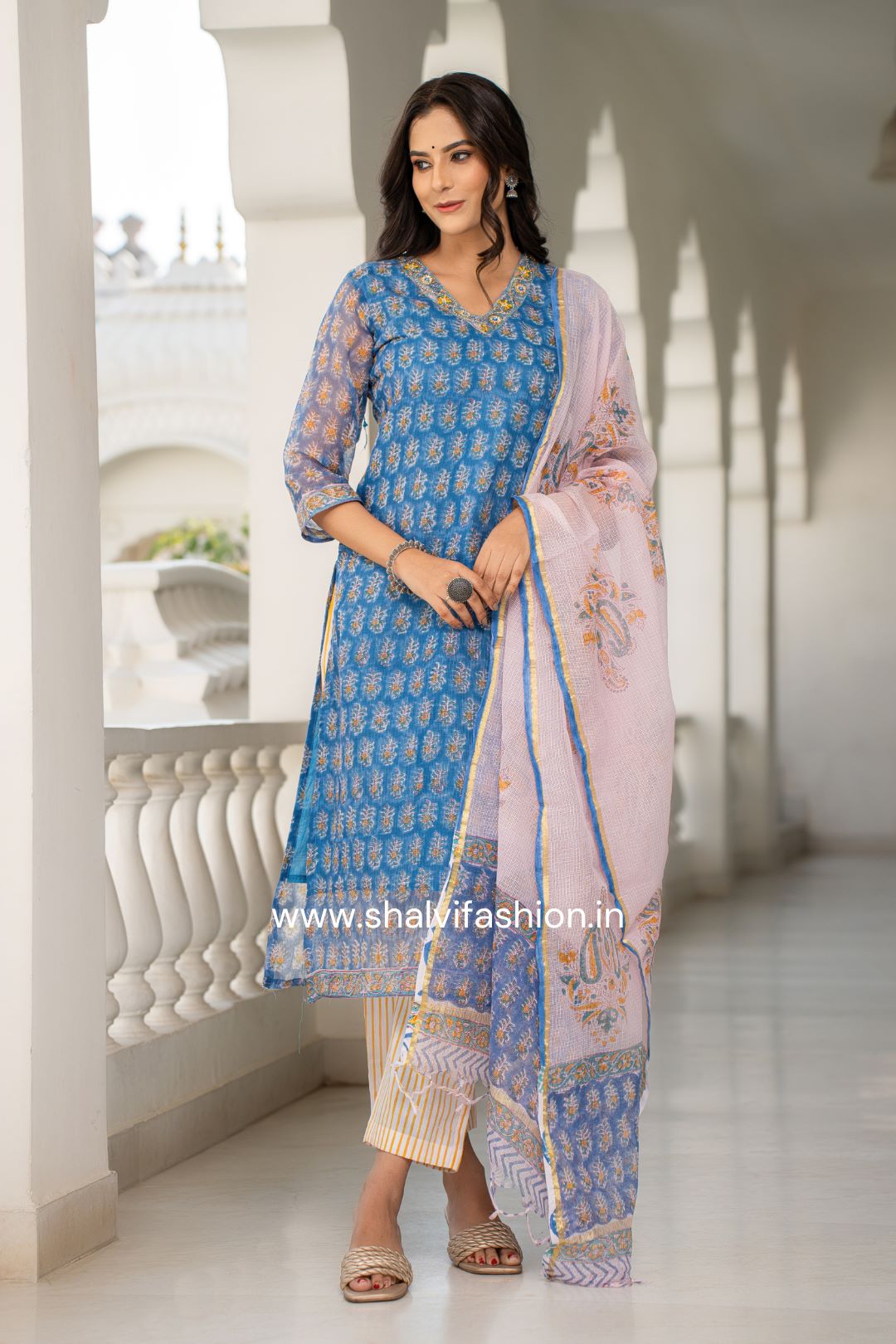 Shop blue buti print kota doria suit sets online (CSS107)
