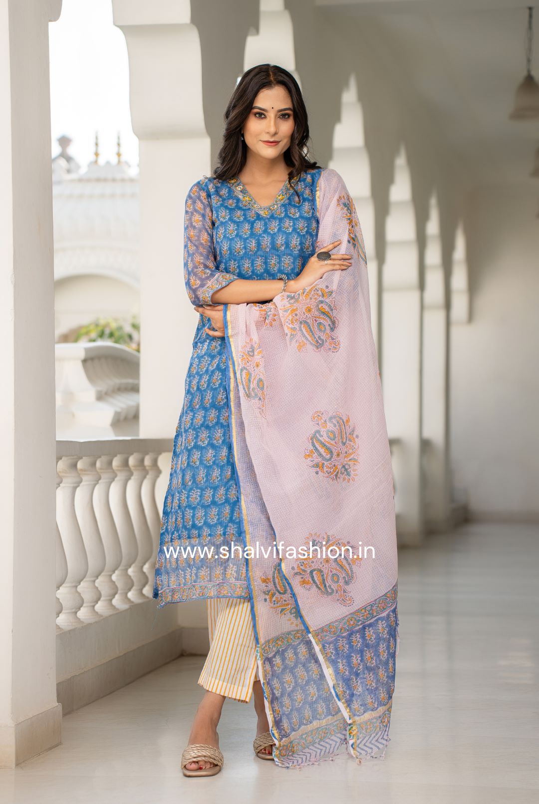 Shop blue buti print kota doria suit sets online (CSS107)