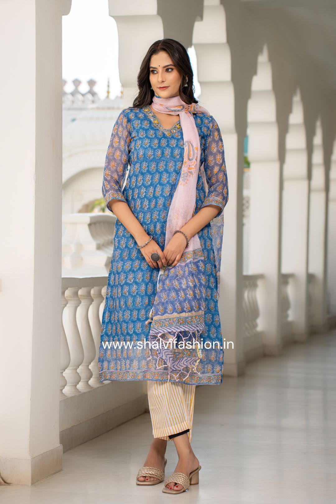 Shop blue buti print kota doria suit sets online (CSS107)