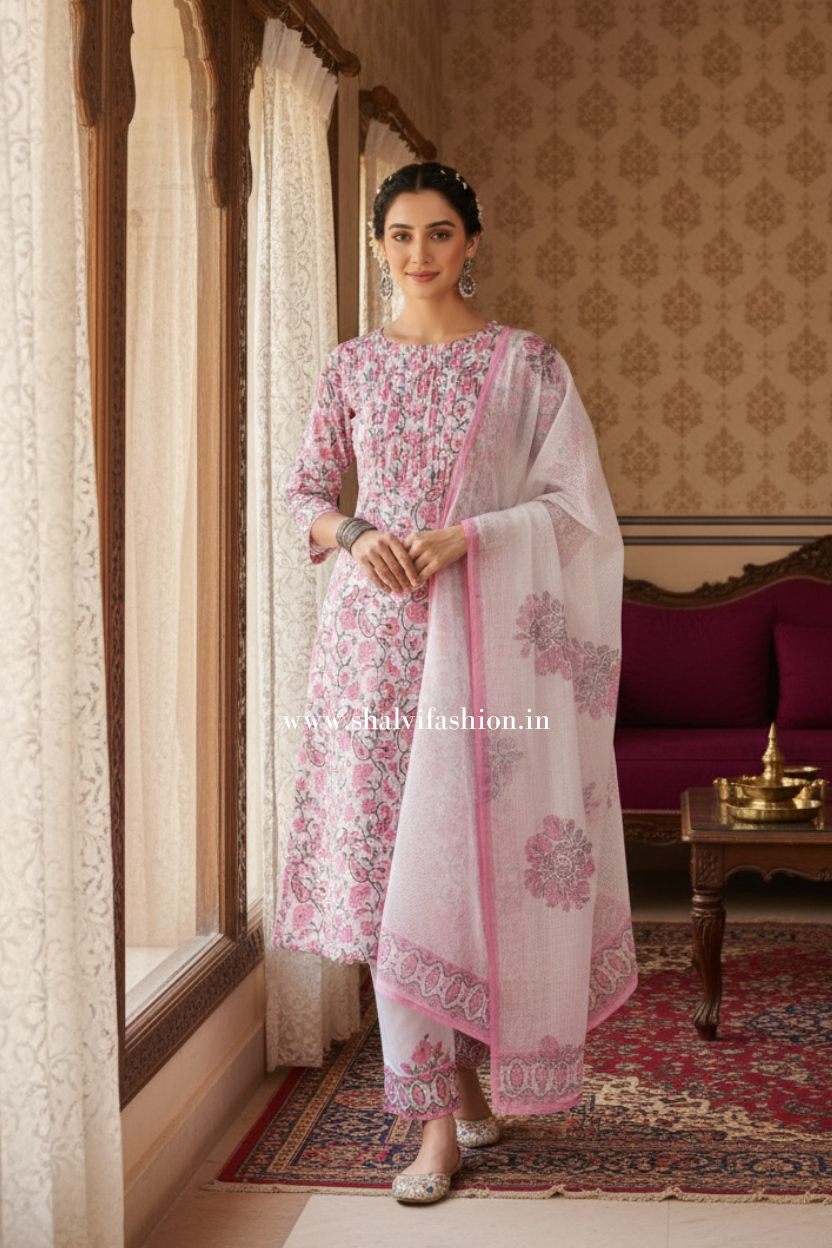 Shop block printed kota dupatta cotton suits (CSS282)