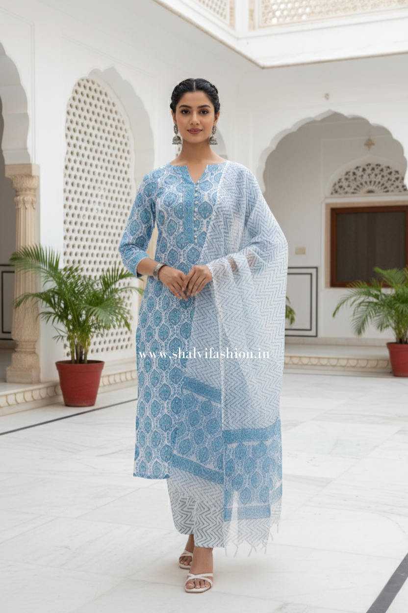 Shop hand block printed kota dupatta cotton suits (CSS285)