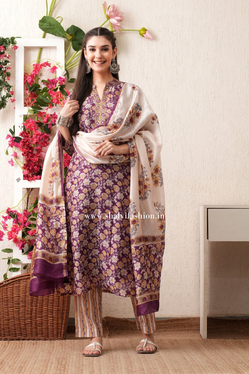 Shop block print chanderi silk suits online (CSS373)