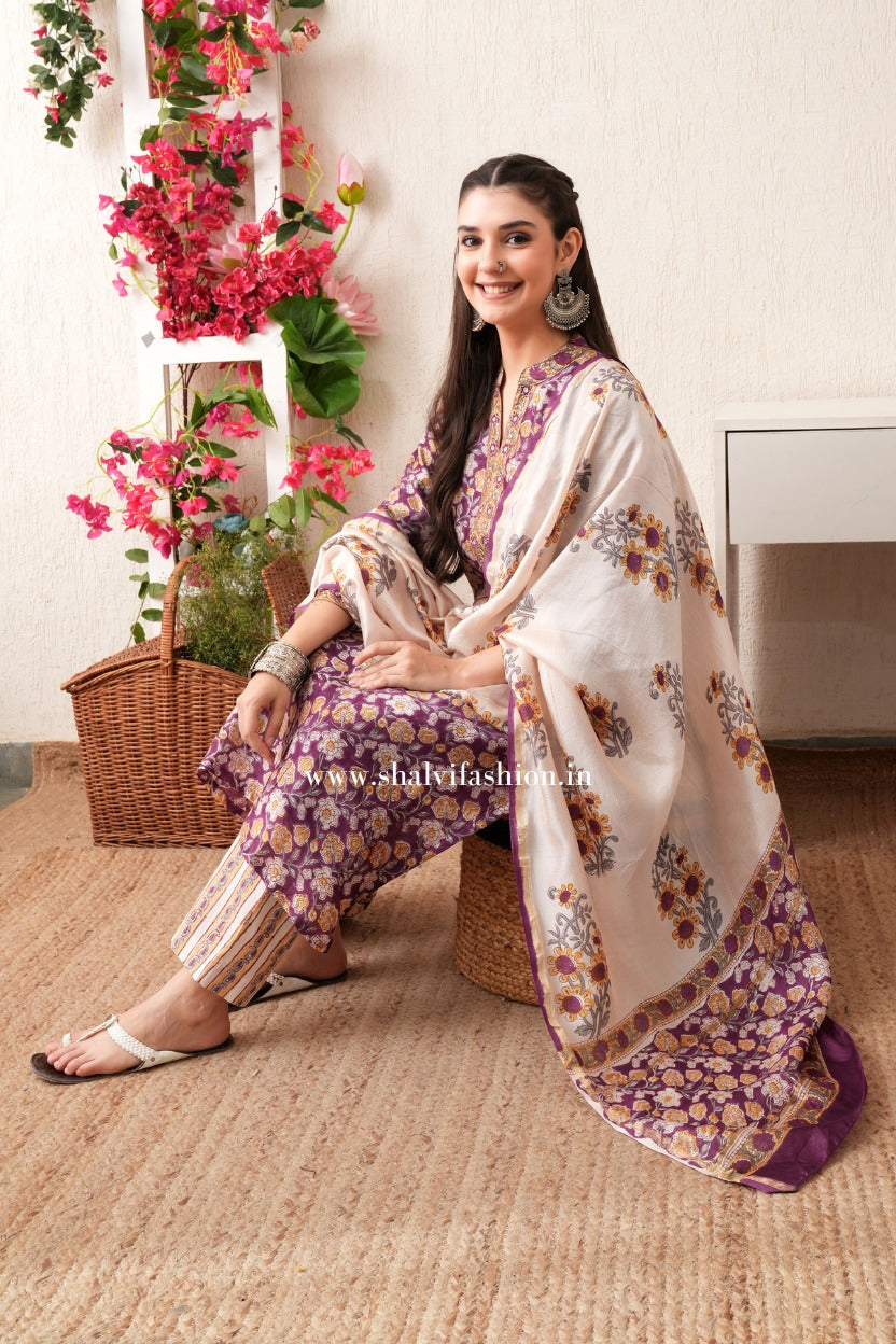 Shop block print chanderi silk suits online (CSS373)