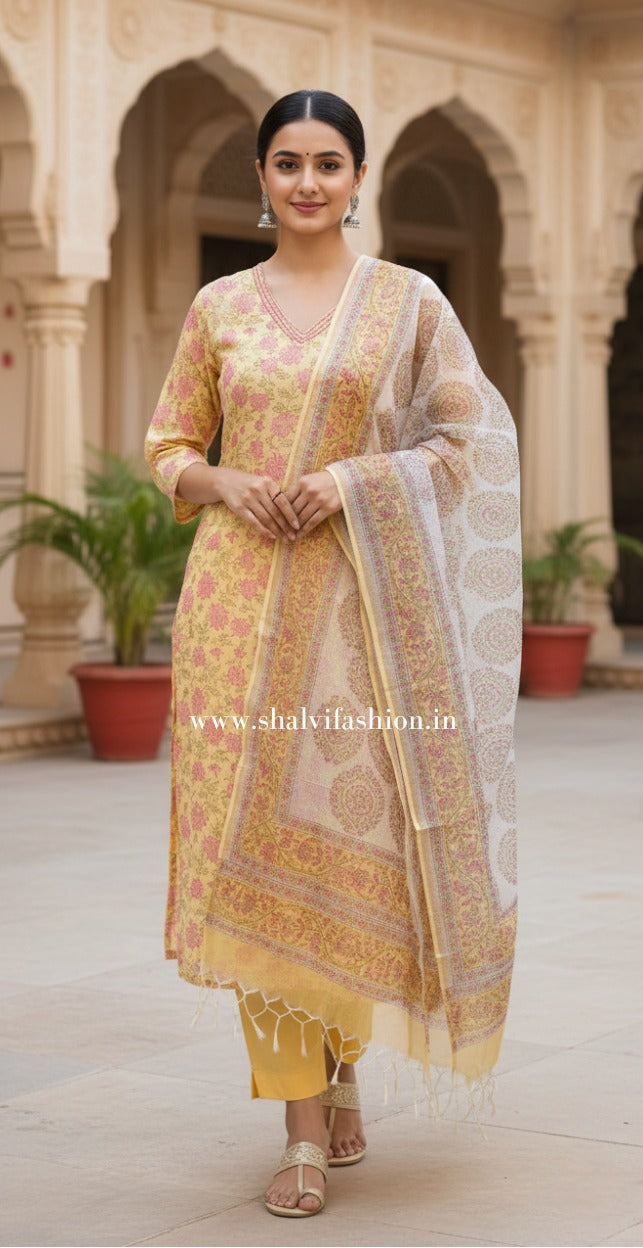 Shop block printed kota doria suits online shopping (CSS379)