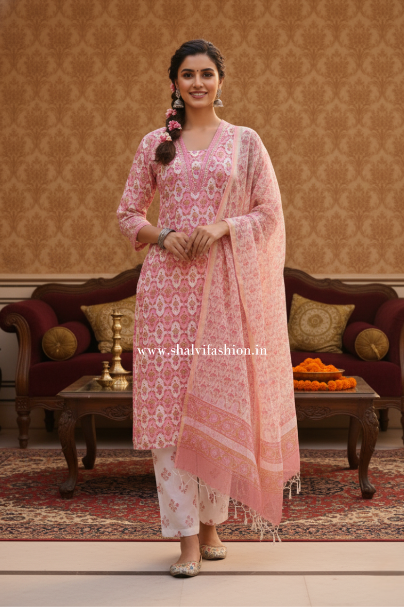 Shop jaipuri print cotton suits with kota dupatta (CSS384)