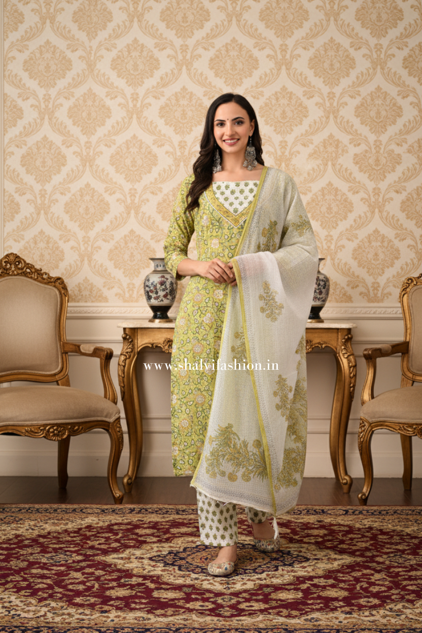 Shop block print cotton suits with kota dupatta (CSS402)