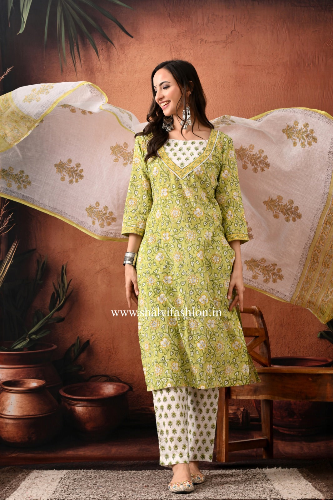 Shop block print cotton suits with kota dupatta (CSS402)