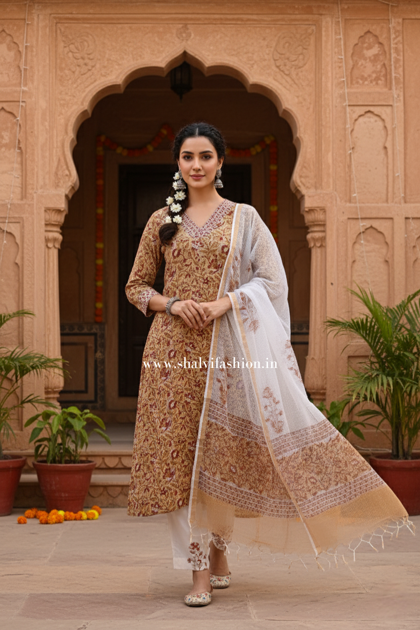 Shop hand block print cotton suits with kota dupatta online (CSS413)