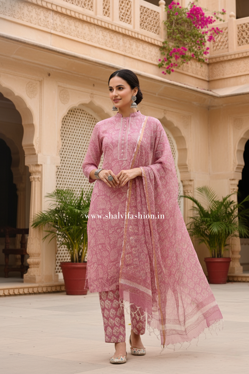 Shop hand block print pure cotton suits with kota  doria dupatta (CSS450)