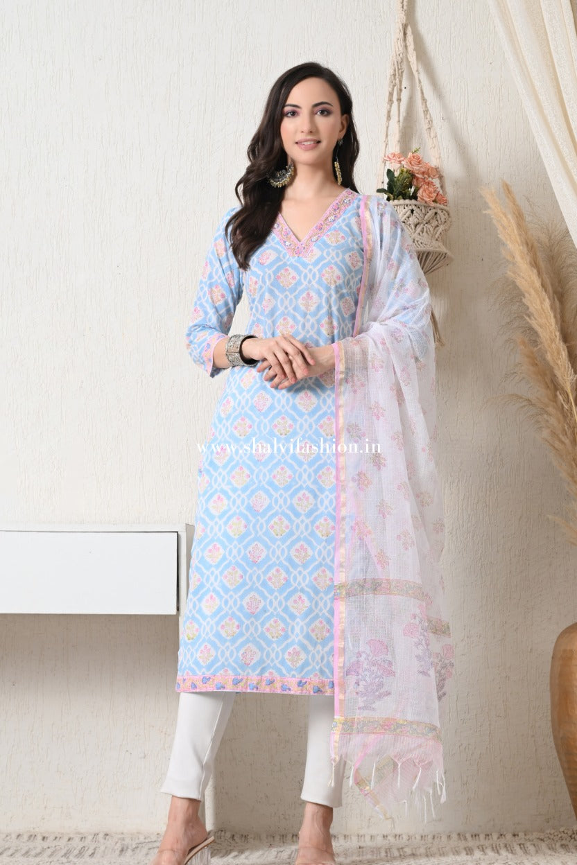 Shop hand block print pure cotton suits with kota dupatta online (CSS449)