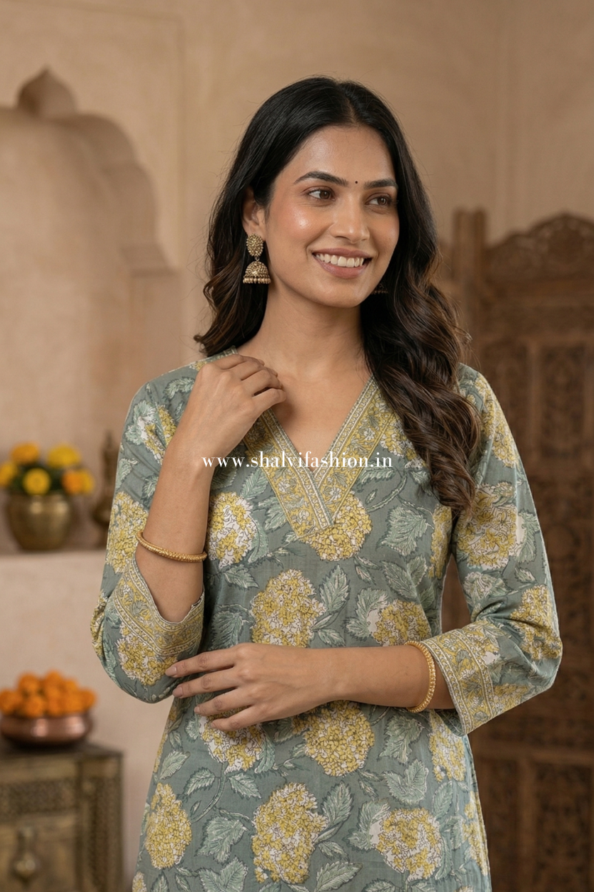 Shop hand block printed cotton suits with kota doria dupatta (CSS507)