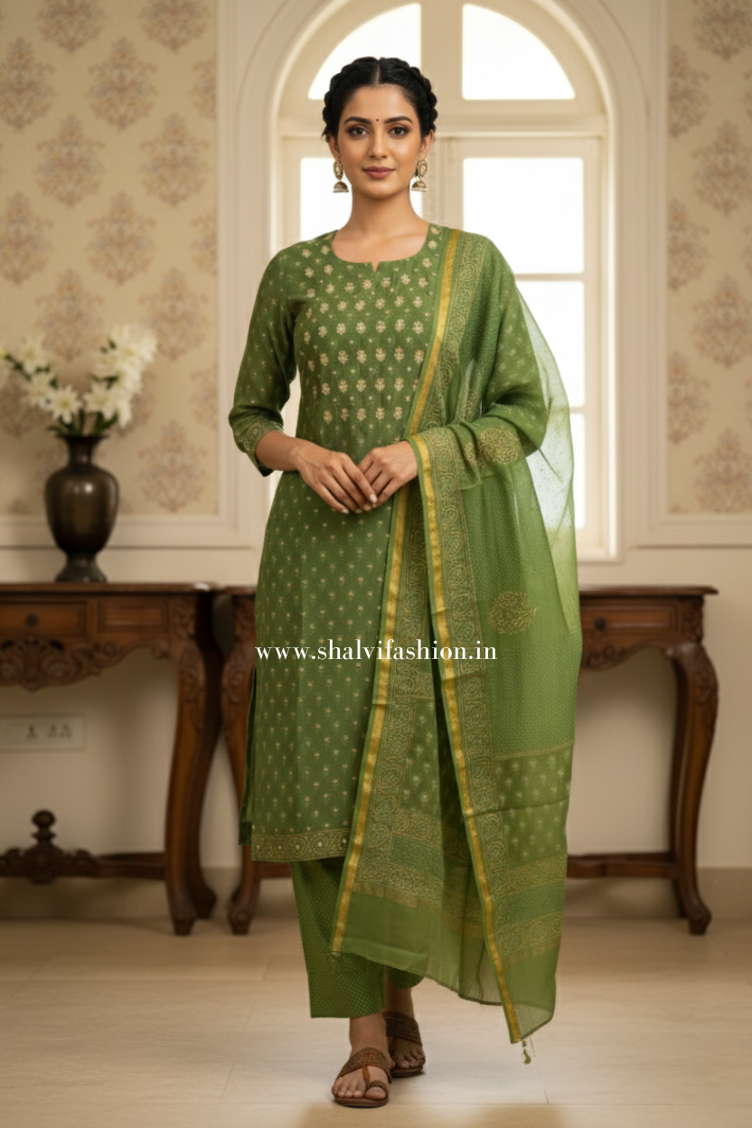 Shop hand work block printed chanderi silk suit sets online (CSS60)