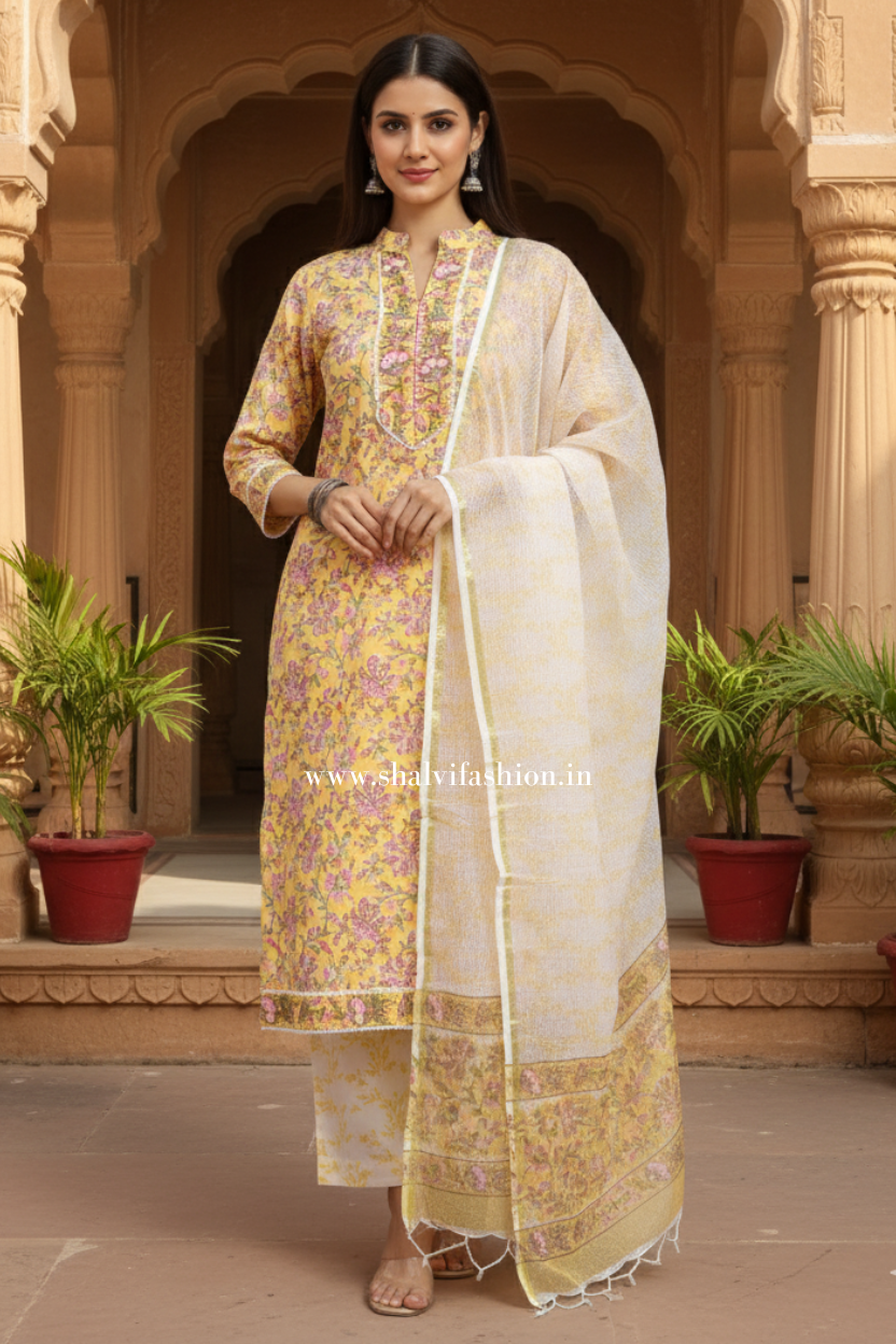 Shop block printed cotton suit sets with kota dupatta online (CSS81KD)
