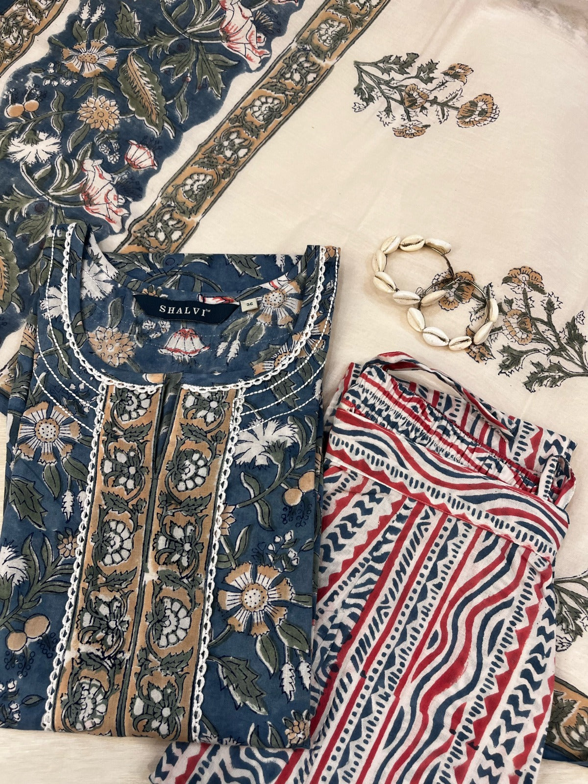 Shop hand block print cotton sets with mulmul dupatta (CSS83MUL)