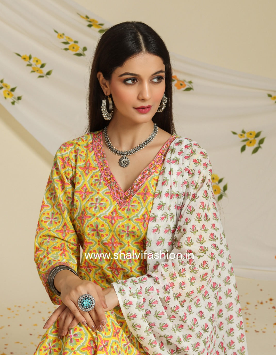 Shop block printed cotton suits with mulmul dupatta (CSS96MUL)