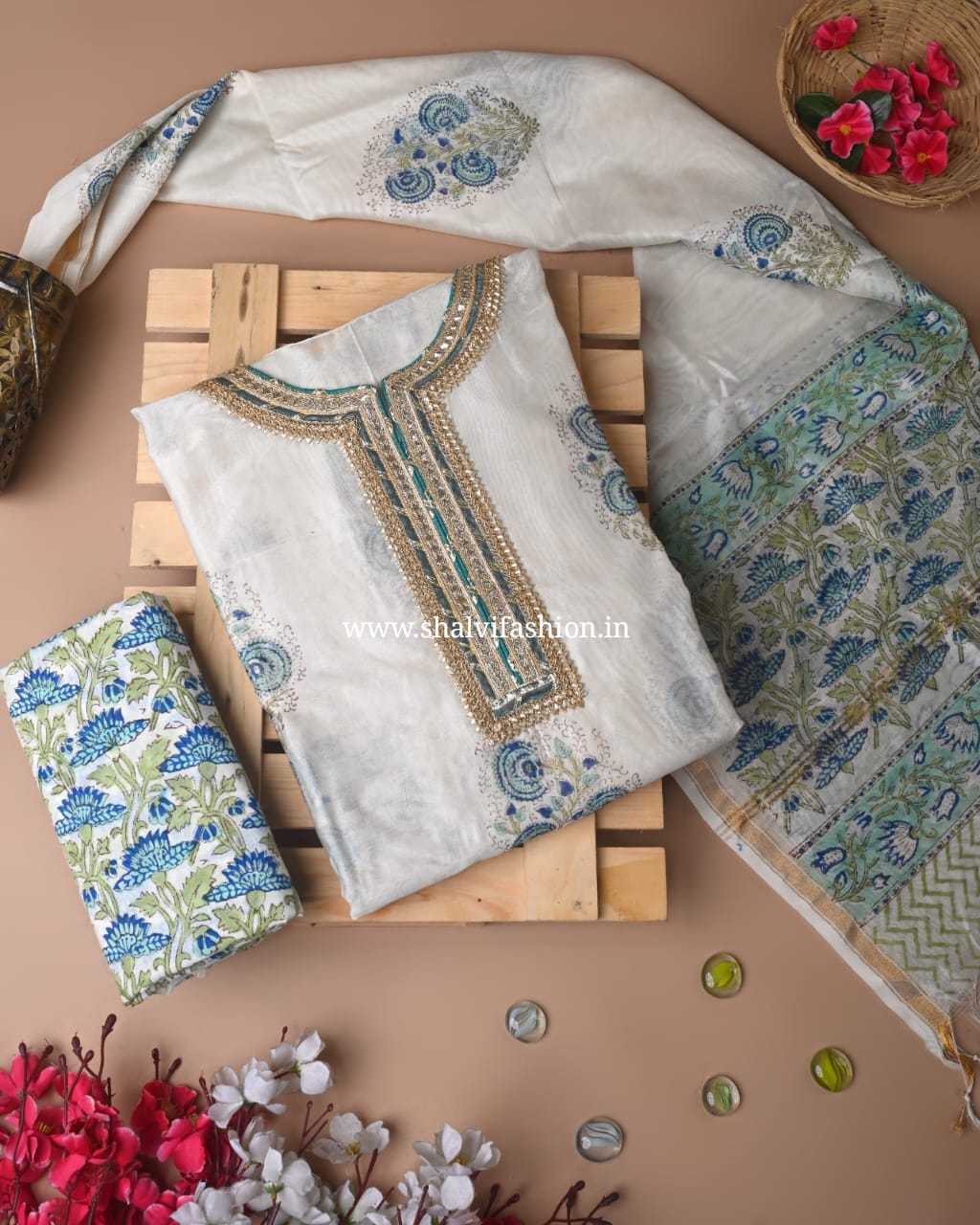 Shop hand block print semi stitched chanderi suits (GOTA72)