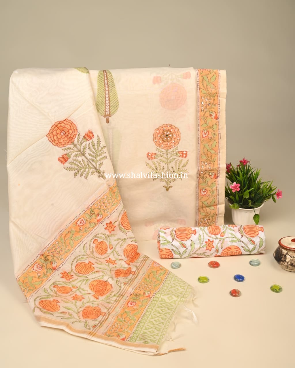 Shop unstitched hand work block print chanderis silk suits (GOTA90)