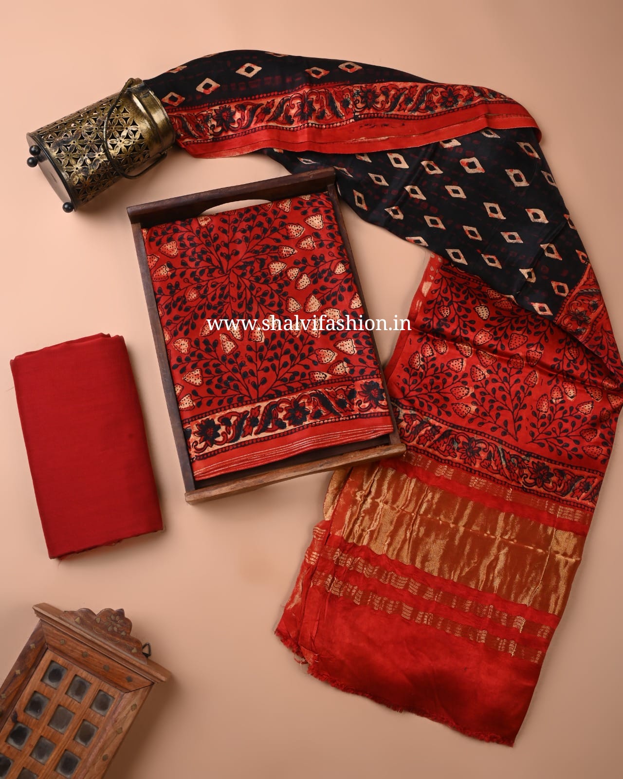 Shop jaipuri ajrak print modal silk suits with lagdipatta dupatta (MOD170)