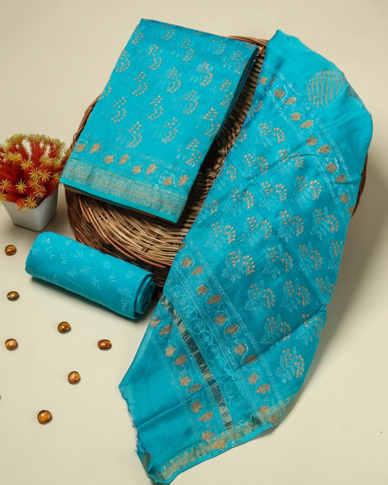 Shop unstitched hand block print maheshwari silk suits (MSL290)