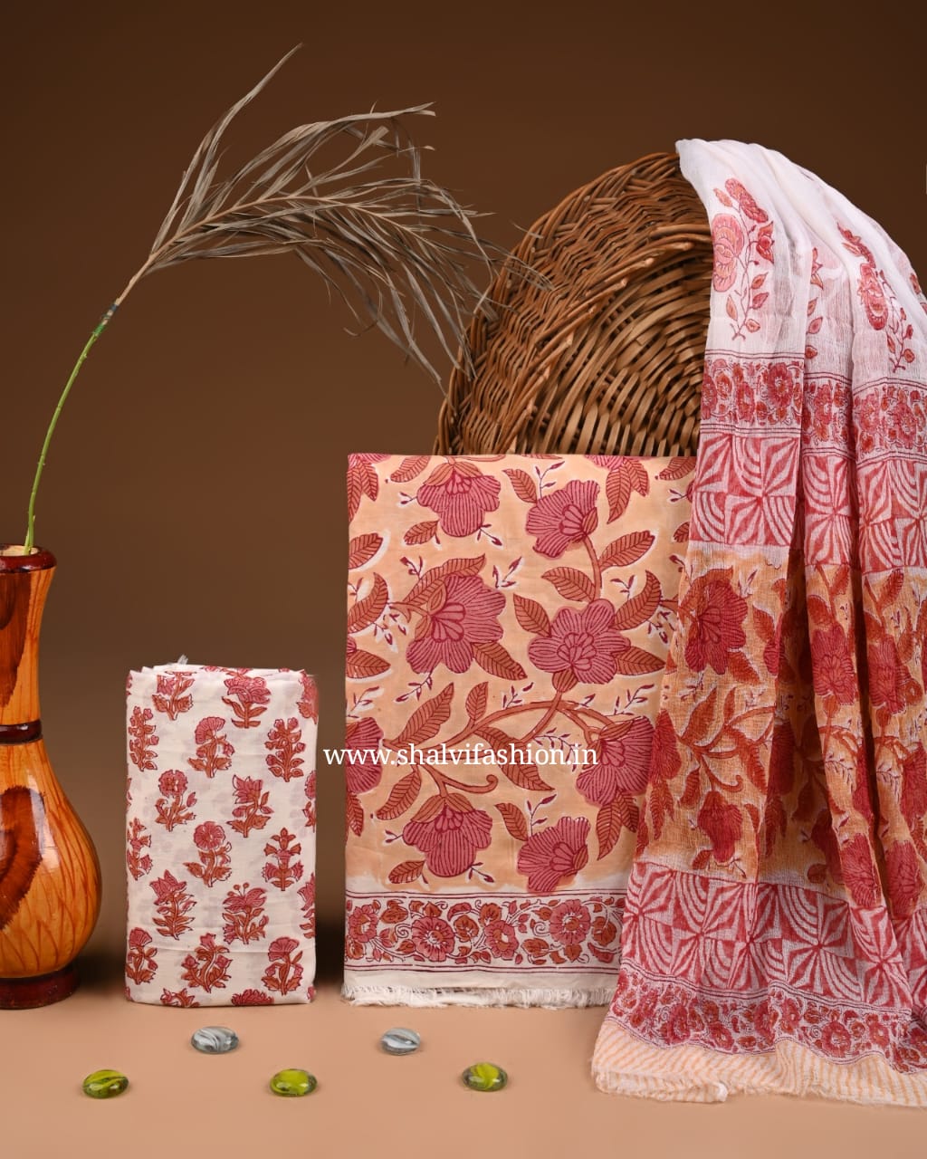 Shop hand block print cotton suits with chiffon dupatta (PCHF567)