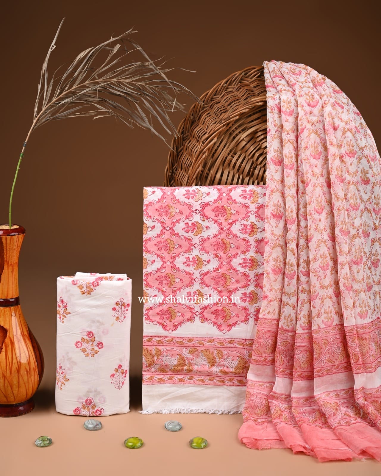Shop block print cotton suits with chiffon dupatta (PCHF578)