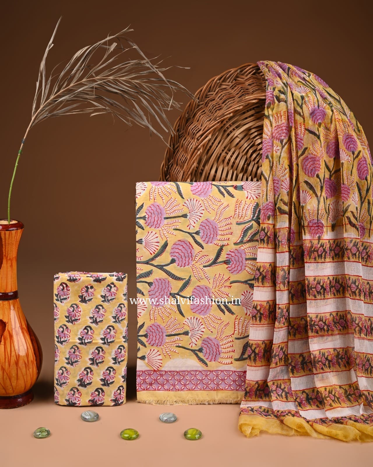 Shop hand block print cotton suits with chiffon dupatta (PCHF580)