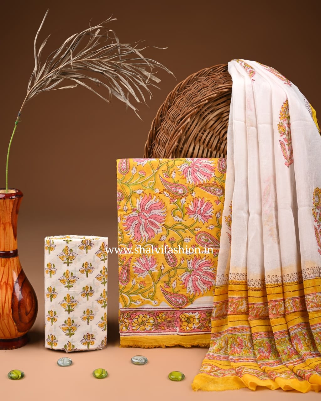 Shop hand block print cotton suits with chiffon dupatta (PCHF598)