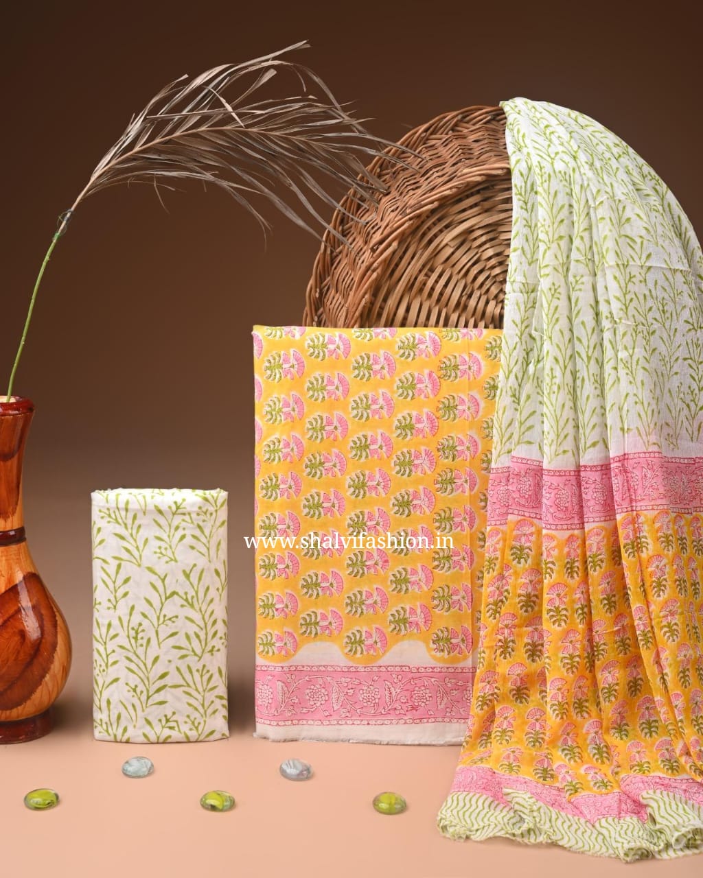 Shop hand block printed cotton suits with chiffon dupatta (PCHF622)