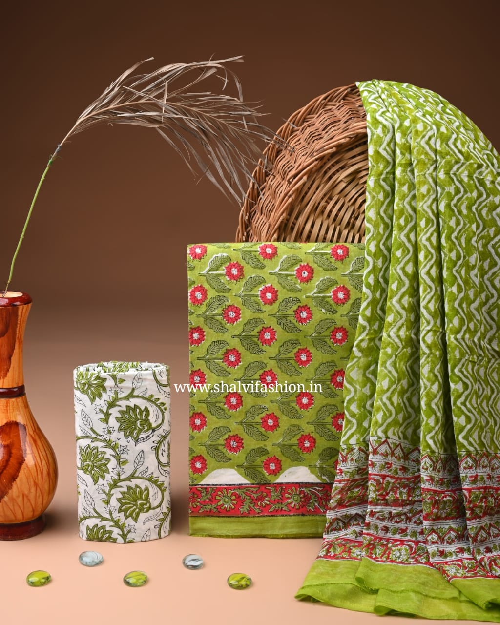 Shop block print chiffon dupatta cotton suits online (PCHF628)