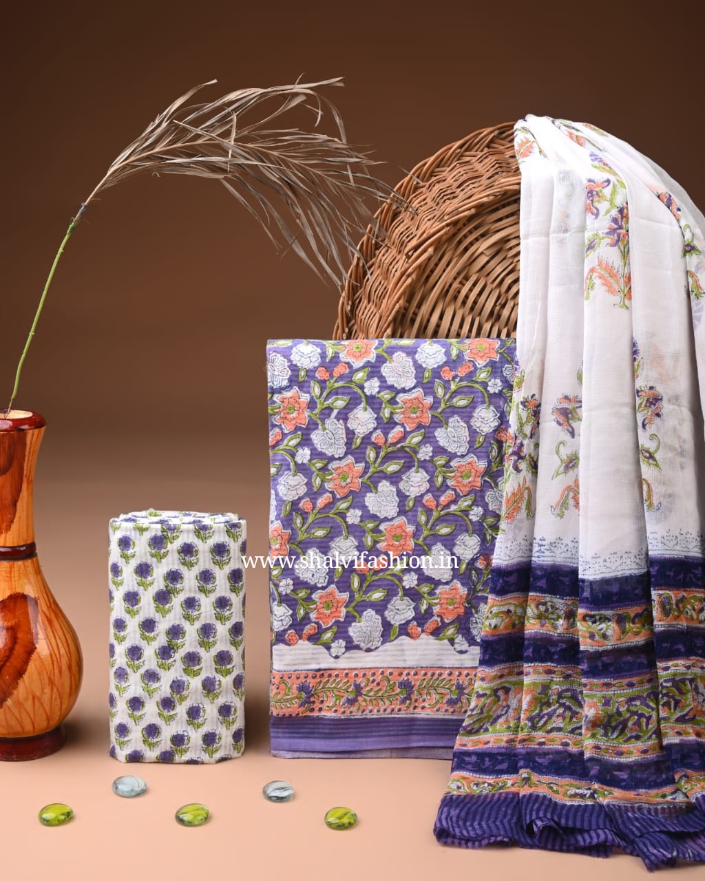 Shop block print cotton suits with chiffon dupatta  (PCHF633)