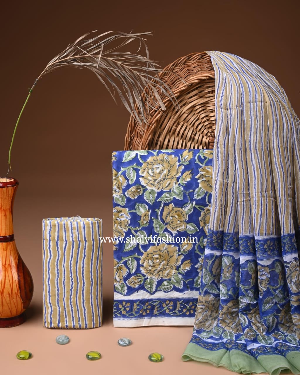 Shop hand block print cotton suits with chiffon dupatta (PCHF635)