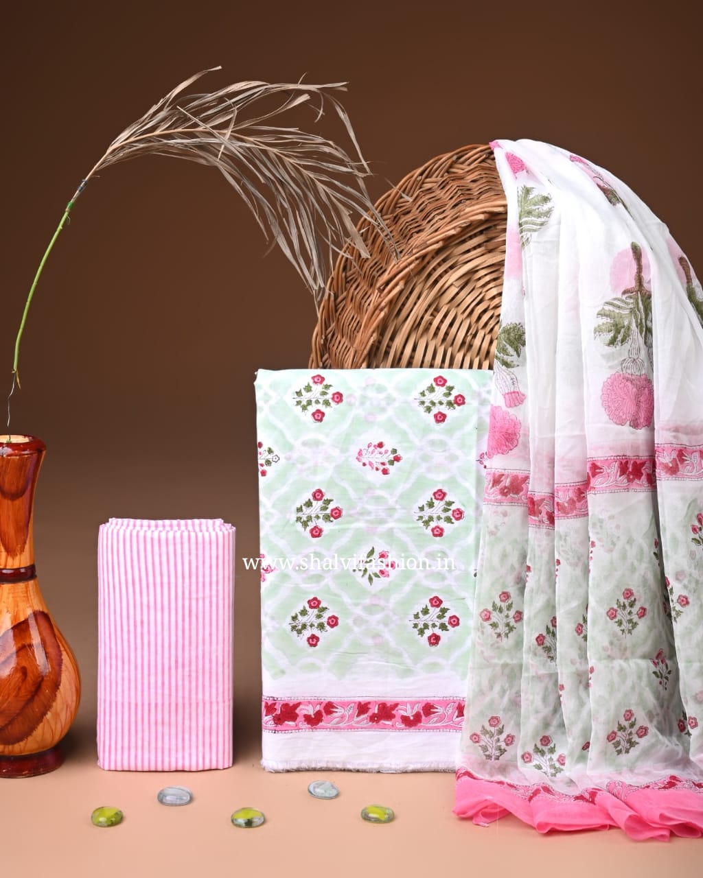 Shop block printed cotton suits with chiffon dupatta (PCHF636)